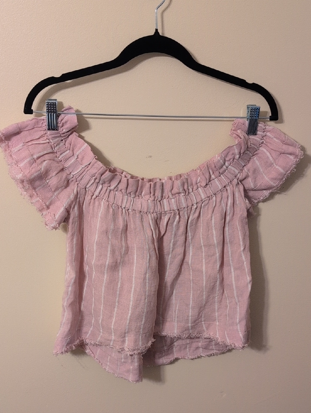 Off-Shoulder Pink Striped Women's Linen Top